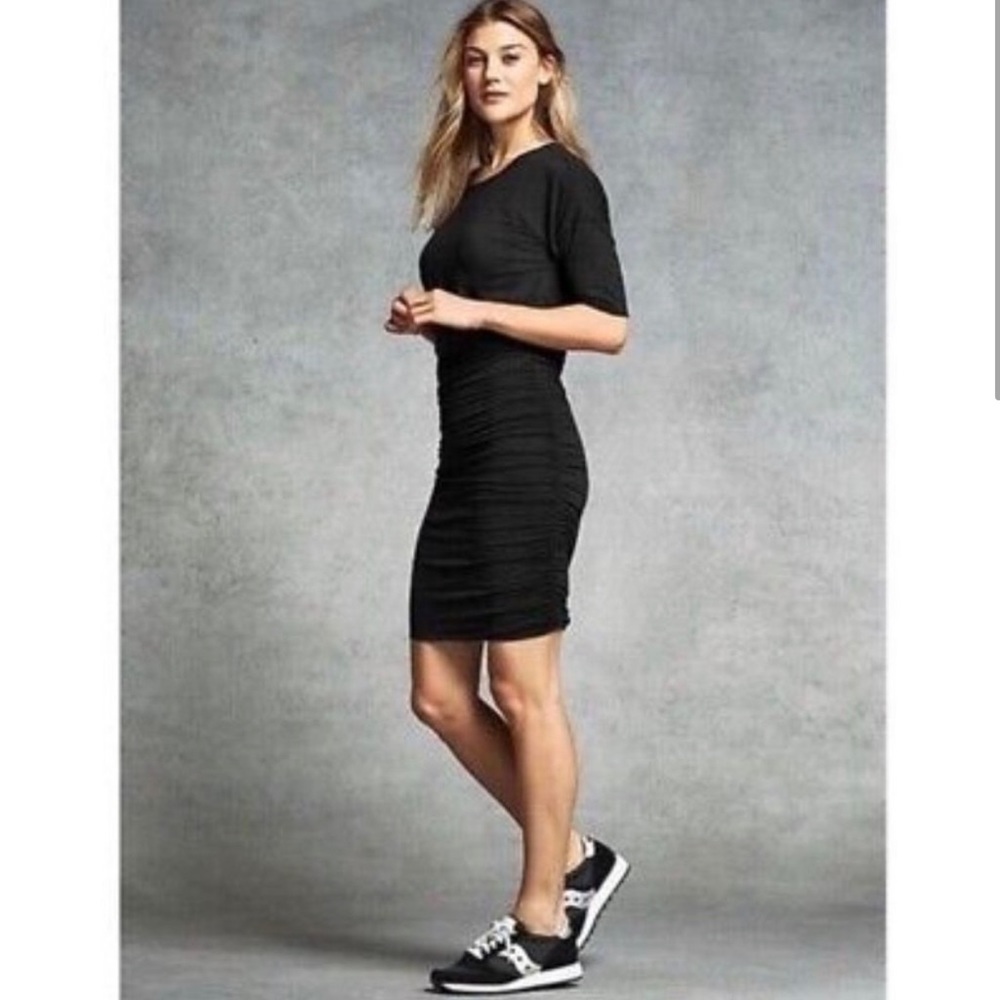 Athleta Black Solstice Jersey TShirt Dress Ruched Fitted Modal Wool Blend Sz XS